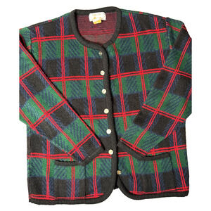 Vintage Plaid Cardigan Sweater Women's Size M Red Green Gold Buttons Tally Ho